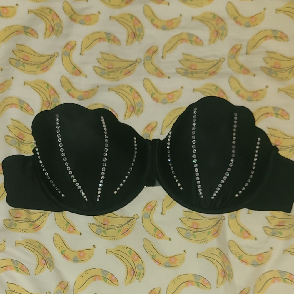 SHEIN Black Strapless Shell Bikini Top with Rhinestone Accents Sz Medium